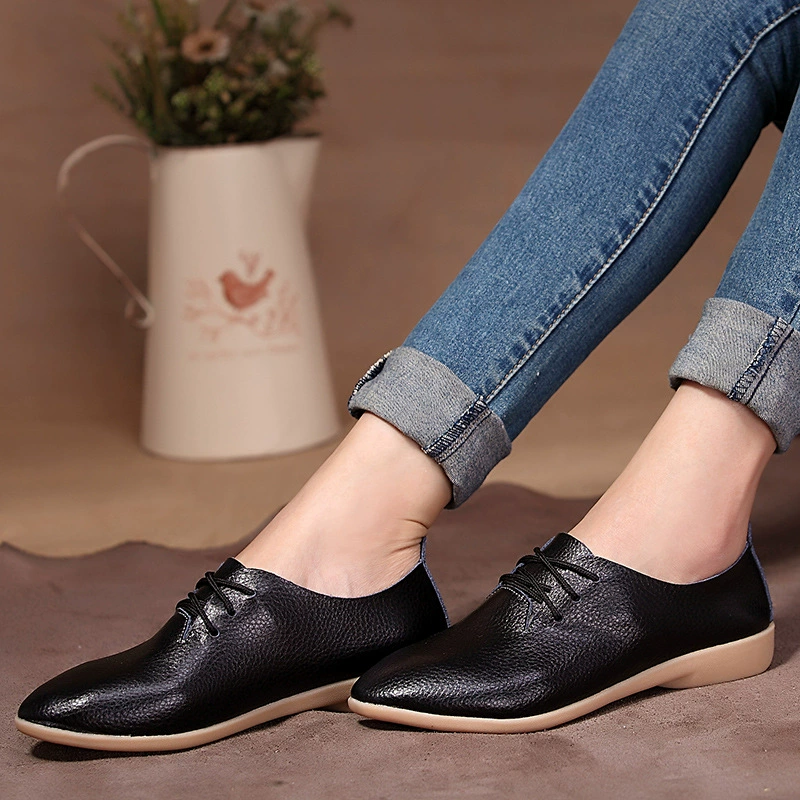 Women’s pointed-toe leather shoes, genuine two-layer cowhide, soft composite sole, lightweight