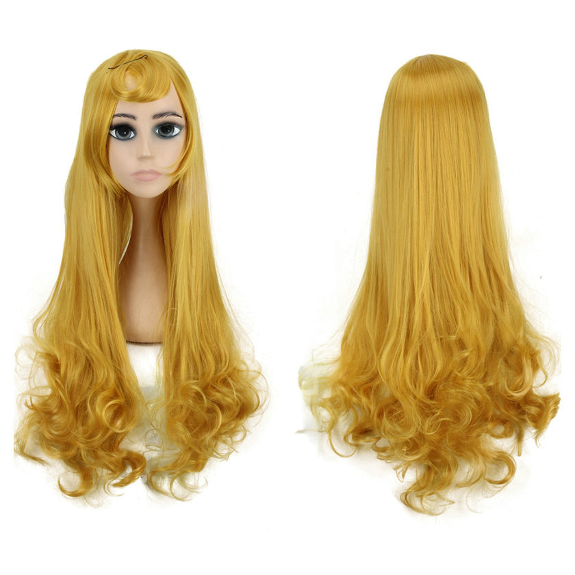 Princesa Alora cos dormir belleza amarillo largo pelo rizado Cosplay anime peluca en stock al por mayor
