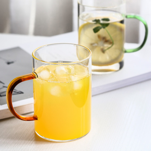 Milk breakfast cup with handle, heat-resistant glass cup, household color handle, high-temperature-resistant coffee juice glass cup