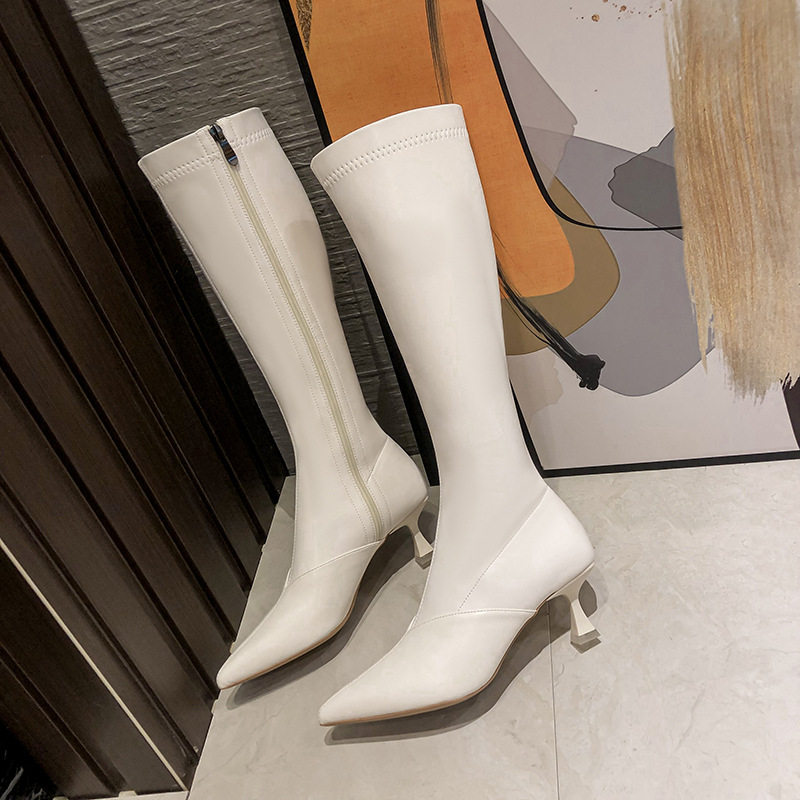Bốt cao cổ nữ gót nhọn 6–8 cm kiểu kỵ sĩ khóa kéo bên, mũi nhọn — Màu nâu, Màu trắng, Màu đen, Màu trắng lót nhung