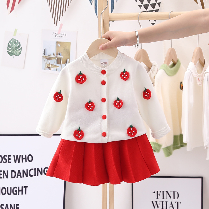 Una pieza de envío nuevo traje de punto de primavera para niñas, vestido de suéter de ganchillo lindo para niñas, cárdigan cálido, falda plisada