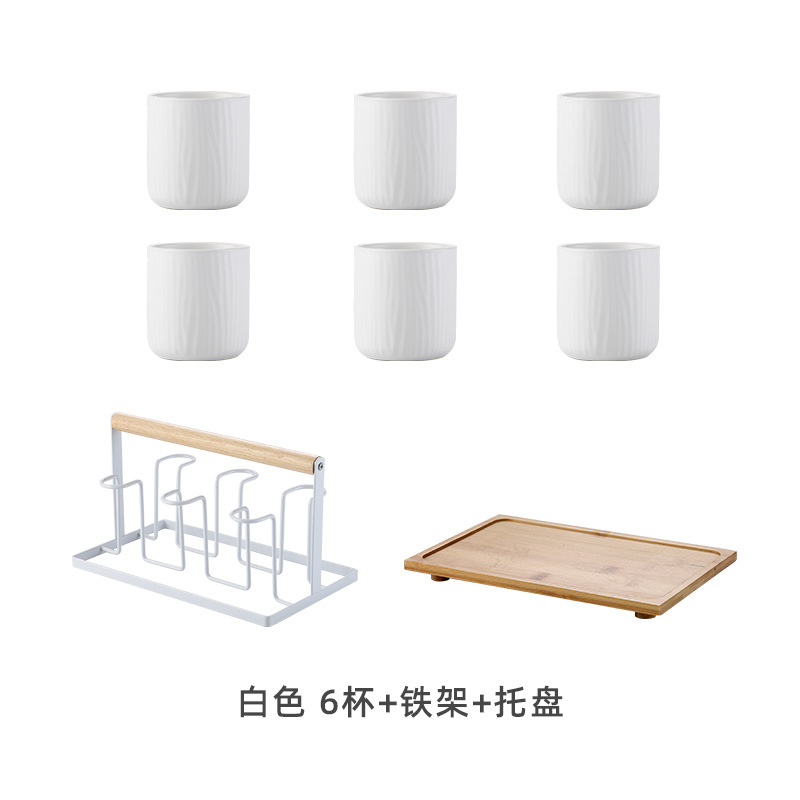 Seis tazas + Marco de hierro + bandeja de bambú-Blanco