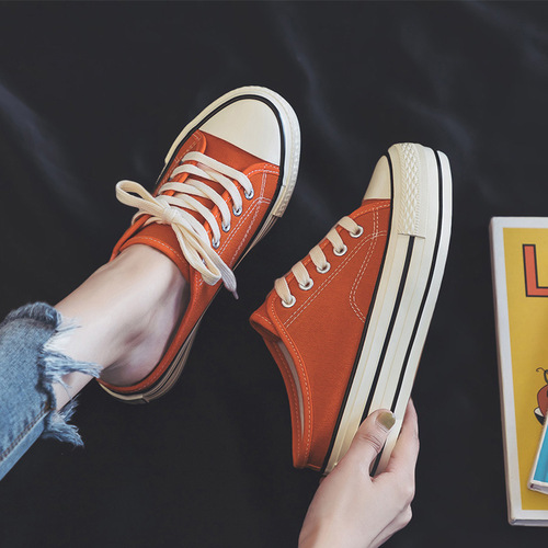 Heightened half slippers 2024 summer and autumn heelless canvas shoes for female students Korean version versatile breathable thick sole 6066