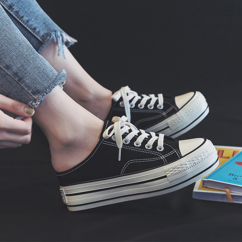 Heightened half slippers 2024 summer and autumn heelless canvas shoes for female students Korean version versatile breathable thick sole 6066