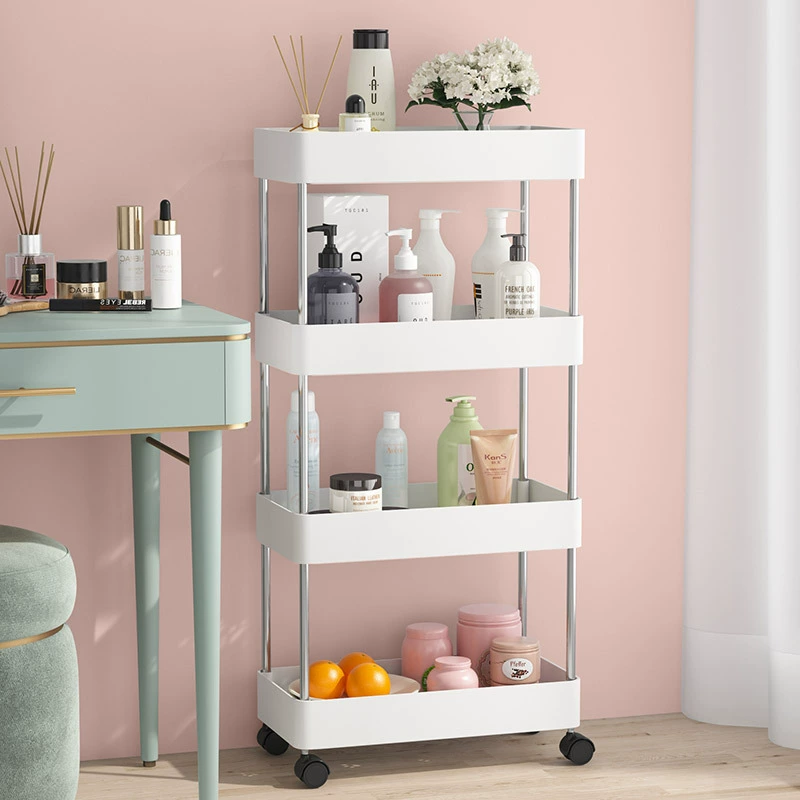 Floor-standing Mobile Storage Rack, Multi-layer Trolley with Wheels, Plastic Organizer for Kitchen & Bathroom