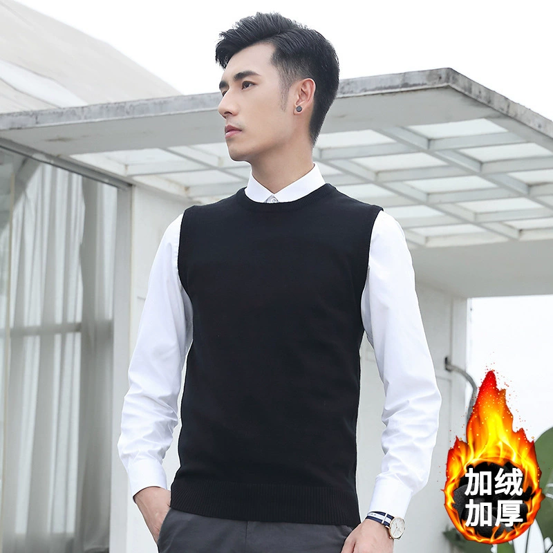 Зимний деловой мужской свитер-жилет с круглым вырезом на флисовой подкладке, утолщенный жилет без рукавов, Мужской приталенный пуловер, Однотонный свитер