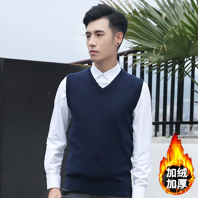 Зимний утолщенный мужской шерстяной жилет на флисовой подкладке, однотонная водолазка с V-образным вырезом, деловой жилет без рукавов с простой оснасткой, вязаный свитер