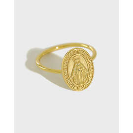 AR1886韩版S925纯银金色圣母玛利亚圆牌戒指开口食指指环女银饰品