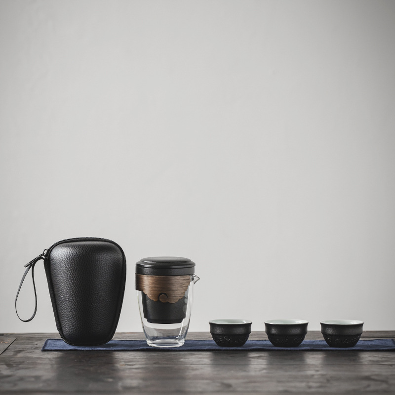 Guanhai Qike Cup Anti-scalding One Pot Three Cups Glass Portable Travel Bag Kung Fu Tea Set Box With