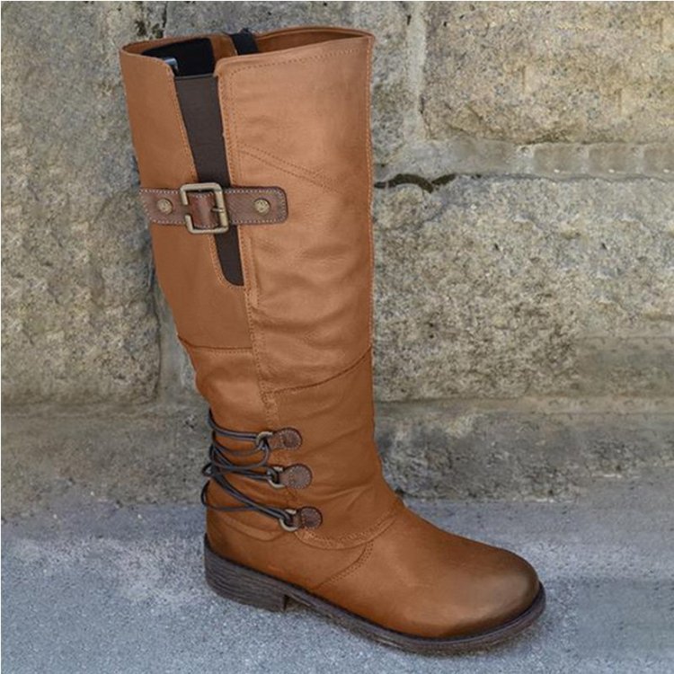 Neue mittellange Ritterstiefel mit Blockabsatz und rundem Kopf und seitlichem Reißverschluss für Herbst/Winter_voghion.com