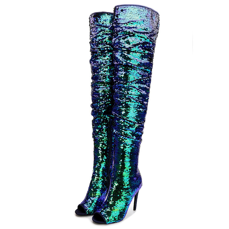 TIMETANG New Year Sequins Fashion Fish Mouth Knee-high Heel Boots AliExpress Amazon Cross-border E-Commerce