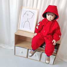 日系风童装儿童棉服男女童连体加绒卡通冬季滑雪服爬服加厚棉衣