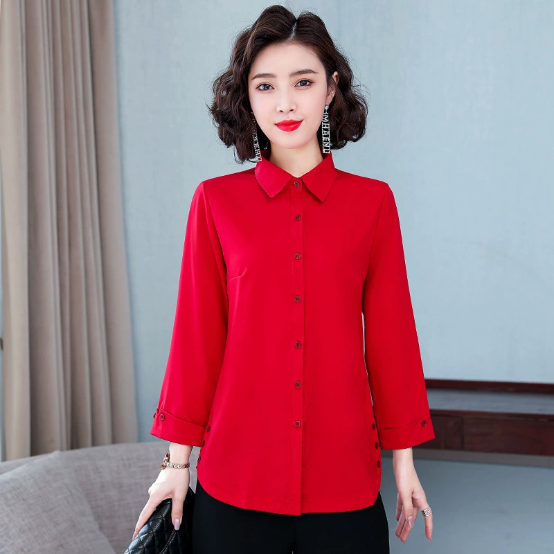 Spring autumn burgundy body-friendly shirt for mother, western style, for middle age, plus size
