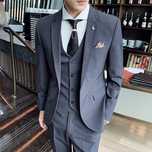 Men's New Three-Piece Suit Set Slim Korean Style Business Casual Wedding Guest Suit Groom's Companion Dress Set Elegant High-End