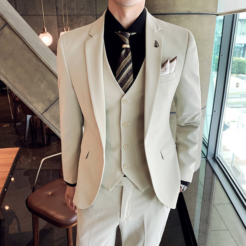 Men's New Three-Piece Suit Set Slim Korean Style Business Casual Wedding Guest Suit Groom's Companion Dress Set Elegant High-End