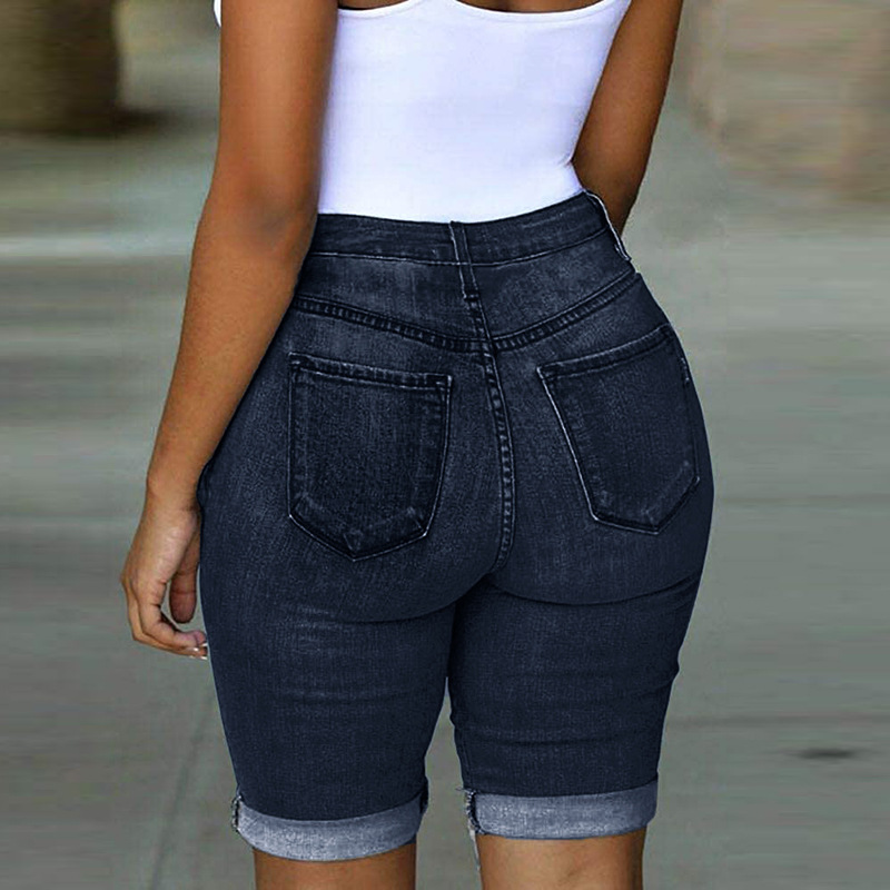 Suministro transfronterizo popular de estilo europeo y americano de moda de cintura alta pantalones cortos de mezclilla rasgados para las mujeres