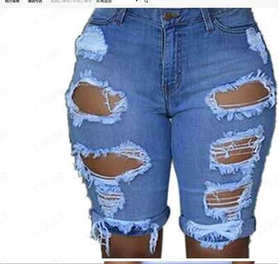 Suministro transfronterizo popular de estilo europeo y americano de moda de cintura alta pantalones cortos de mezclilla rasgados para las mujeres