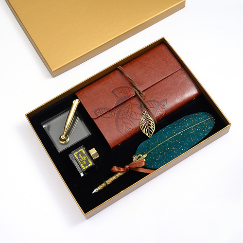 Source Factory Business Gift Set Feather Pen Hand Account Pen Retro Leather Tie Rope Hand Account Book Plus Logo Feather