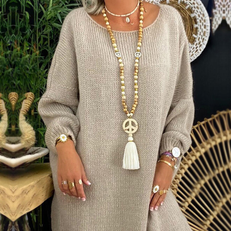 Temu Hot-selling Long Wooden Bead Necklace Women's High-end Bohemian Long Tassel Peace-style Woolen Chain