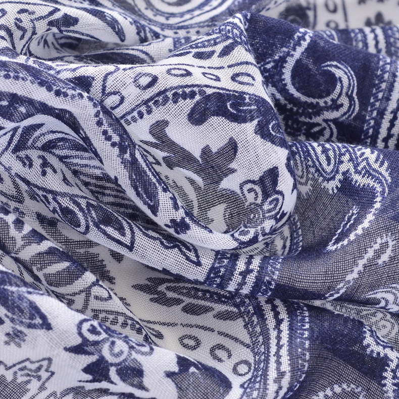 2020 otoño e invierno nuevo azul marino borla impresa algodón y lino bufanda vintage azul y blanco porcelana fina protector solar chal bufanda