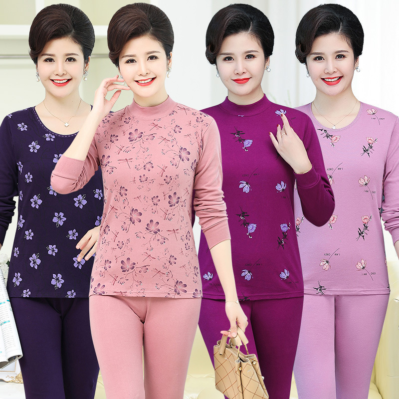 Printed Cotton Autumn Clothes Middle-aged and Elderly Women's Cotton Thermal Underwear Large Size Mid-high Collar Cotton Sweater Set