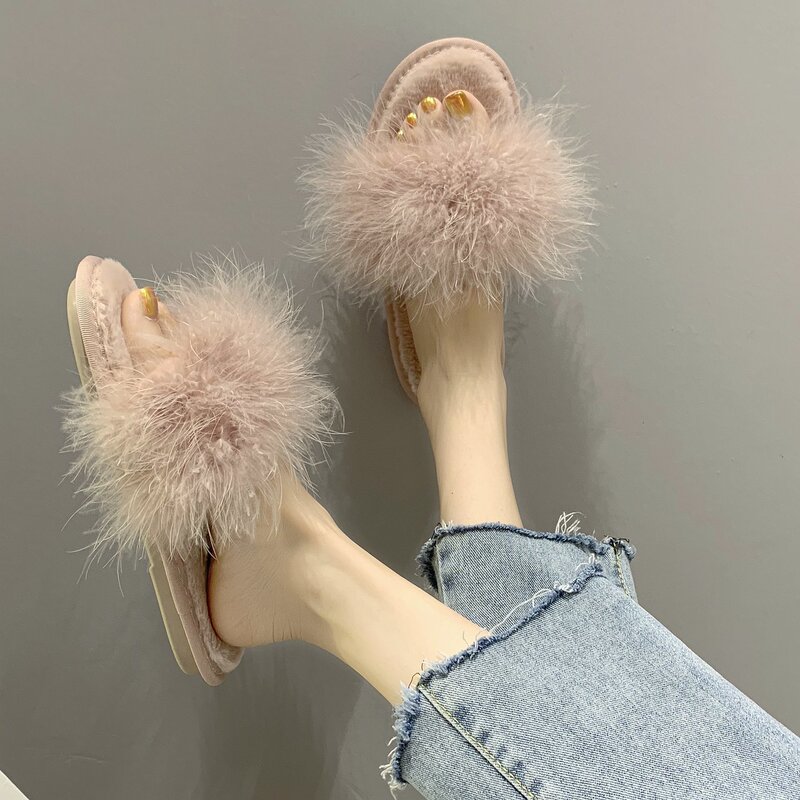 Cross-Border Furry Slippers for Women, Fashionable 2026 New Trendy Shoes, Ostrich Feather Flat-Soled Korean Style Open-Toe Slide Slippers Cross-Border Furry Slippers for Women, Fashionable 2026 New Trendy Shoes, Ostrich Feather Flat-Soled Korean Style Open-Toe Slide Slippers