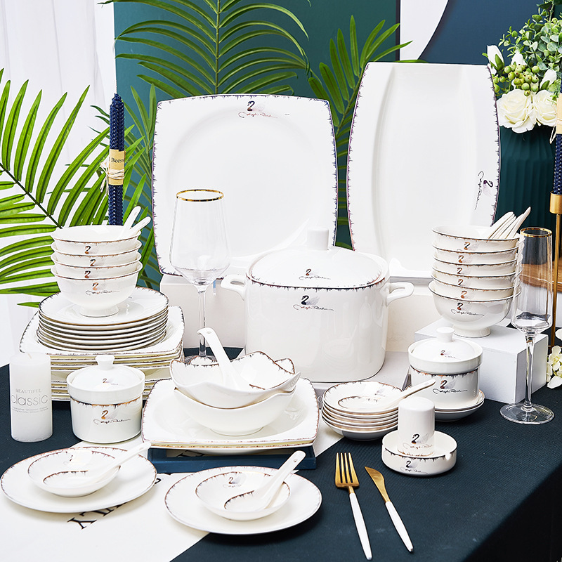 Jingdezhen tableware suit Golden Swan household ceramic bowl chopsticks bowl dish suit bone china bowl plate gift logo printing