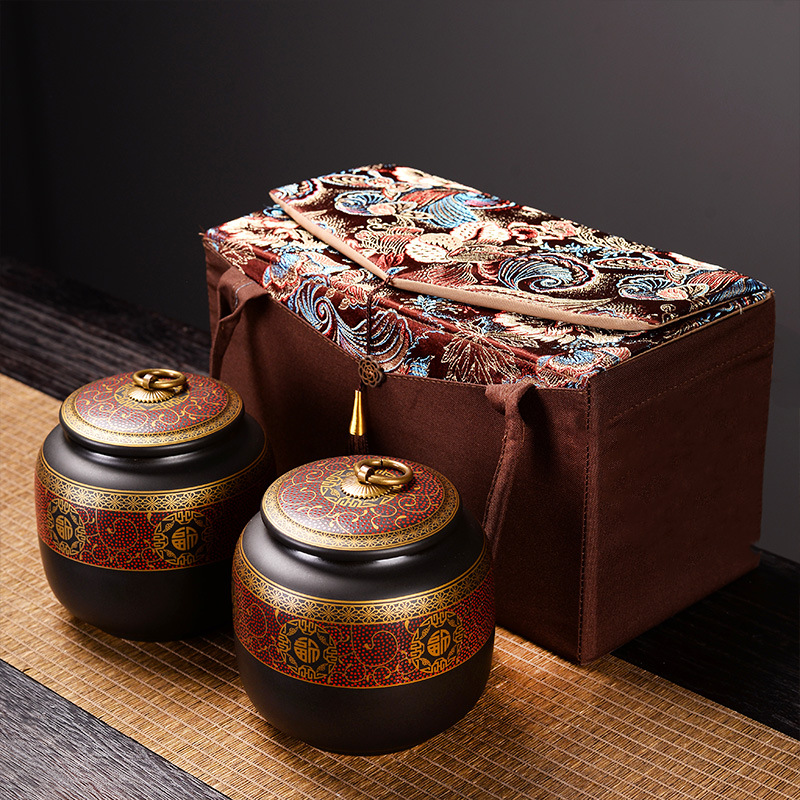 高档茶叶罐陶瓷礼盒大号密封罐布袋礼品茶叶包装盒白茶岩茶可定制