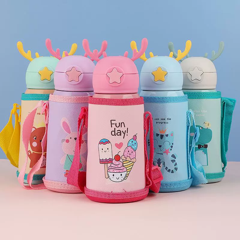 Новый детский вакуумный термос с рога 316 из нержавеющей стали студенческий портативный ремешок чайник мультфильм соломенная чашка для воды