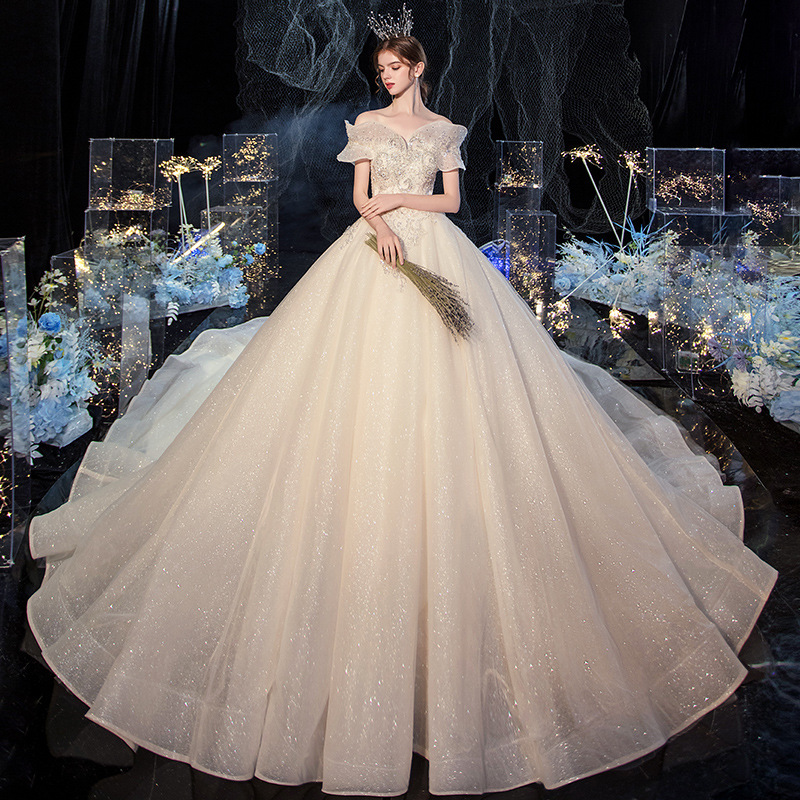 Vestido de Novia Principal Estilo Cielo Estrellado 2026 Nuevo Modelo Elegante para Novia con Hombros Descubiertos y Cola, Vestido de Novia de Ensueño Estilo Hada para Tallas Pequeñas, Verano.