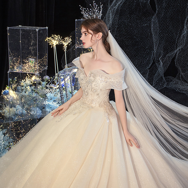 Vestido de Novia Principal Estilo Cielo Estrellado 2026 Nuevo Modelo Elegante para Novia con Hombros Descubiertos y Cola, Vestido de Novia de Ensueño Estilo Hada para Tallas Pequeñas, Verano.