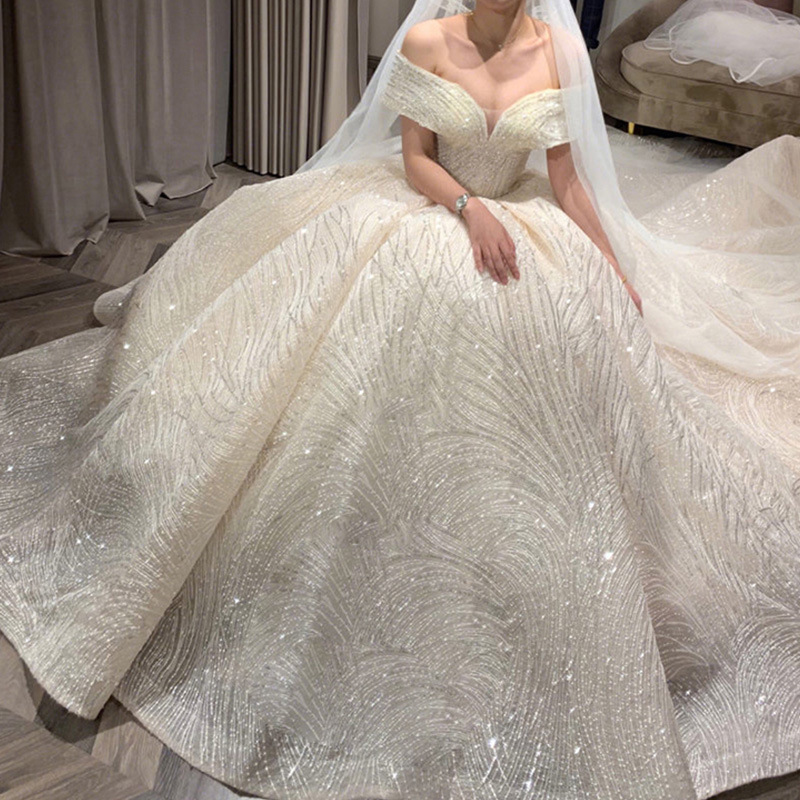 Vestido de Novia Principal 2026, Nuevo Estilo, Hombros Descubiertos, Cintura Alta, Estilo Hepburn, Vestido de Novia Resistente con Cola, Elegante Vestido de Novia con Diseño de Cielo Estrellado