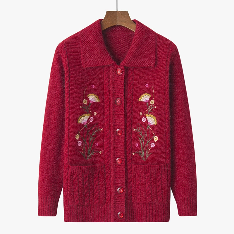 Новинка осени-зимы 2025: Вязаный кардиган с вышивкой для женщин среднего возраста, наряд для мам и бабушек