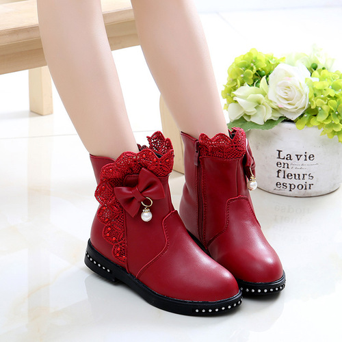 Children's boots girls' boots autumn and winter  new Korean version little girls cotton shoes plus velvet baby princess leather short boots