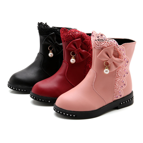 Children's boots girls' boots autumn and winter  new Korean version little girls cotton shoes plus velvet baby princess leather short boots