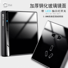 Wholesale LED indicator switch tempered glass 5 gang wall switch panel black 10A 2-pole 3-way 5-port power outlet