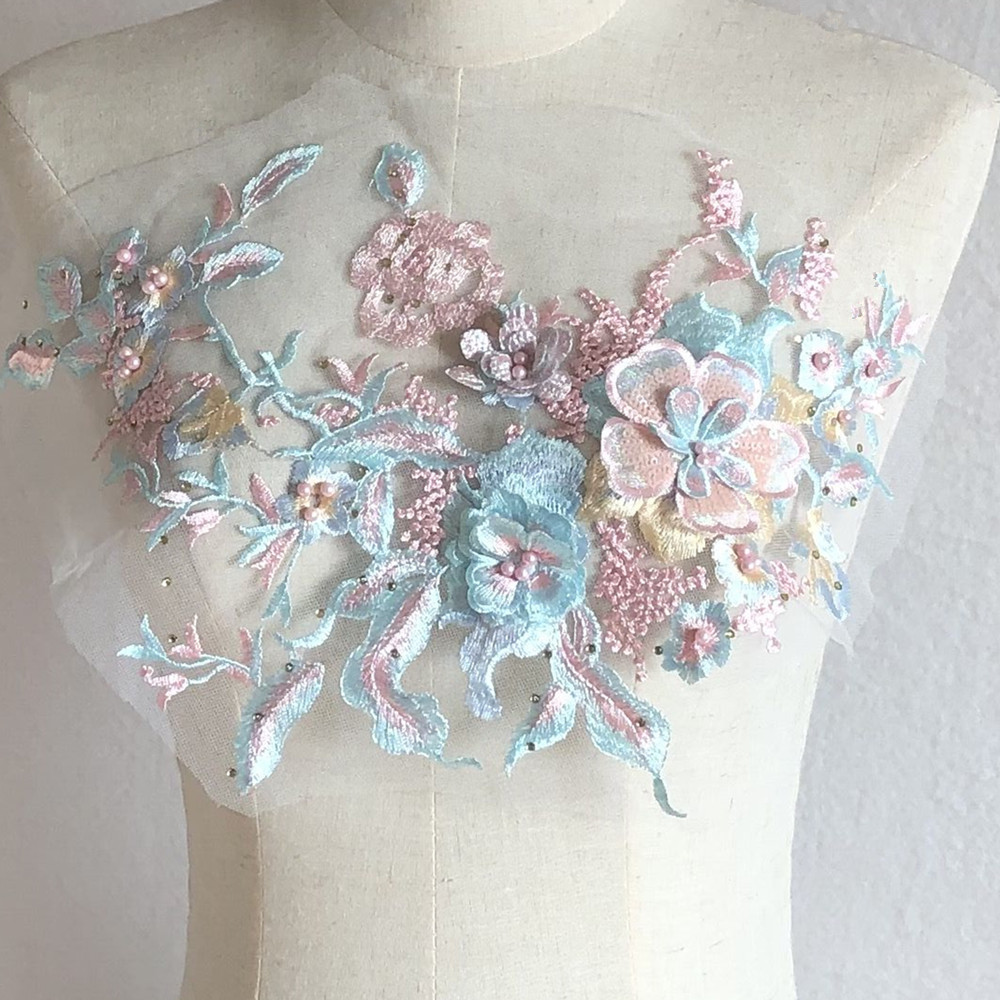 Flor tridimensional con cuentas de diamantes de imitación bordado de malla tela de encaje vestido de los niños parche de tela Ropa Decoración Accesorios