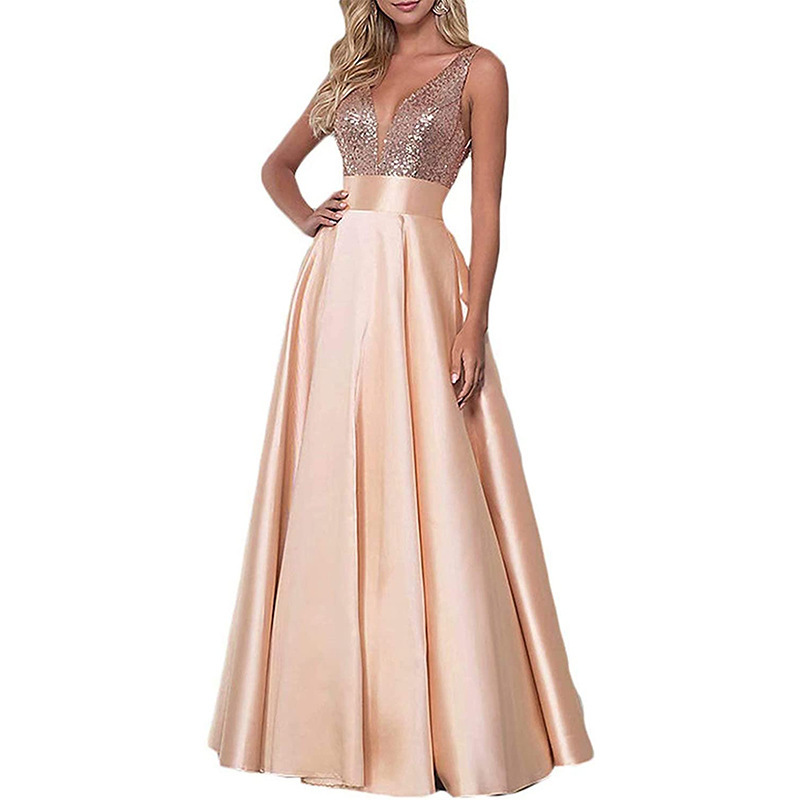 2021 in stock Supply Women's Sequins Rose Gold Formal Evening Gown Prom Gown V-Neck Backless Bridesmaid Gown