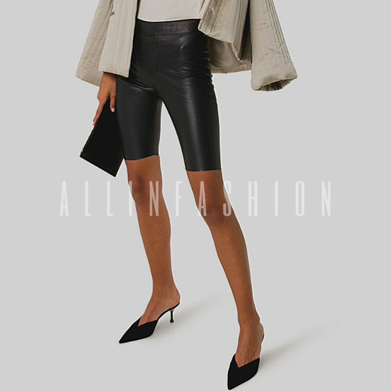 Women's Leather Pants, Tight-Fitting Kardashian-Style Shorts, Mid-High Waist, French Stretch Vegetable-Tanned Goatskin Cycling Pants