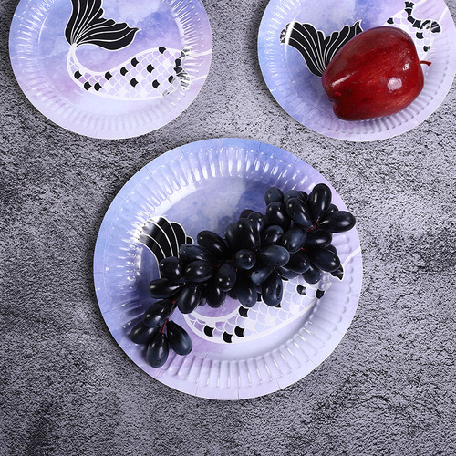 Disposable mermaid tableware hot stamping paper plates and cups birthday party wedding party cake set plastic cutlery