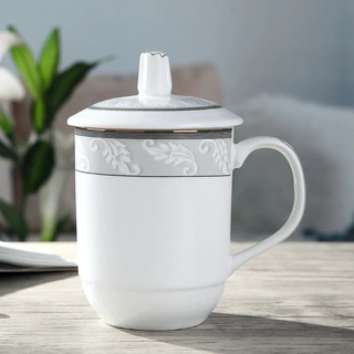 景德镇陶瓷茶杯水杯公司会议室杯办公杯酒店宾馆带盖茶杯批发定制