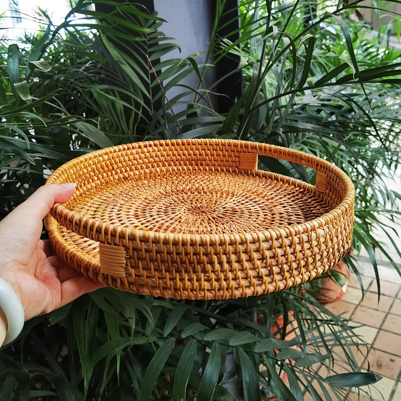 Fábrica al por mayor huafei fruta pan al vapor cesta de té caramelo merienda plato hecho a mano ratán bandeja de almacenamiento