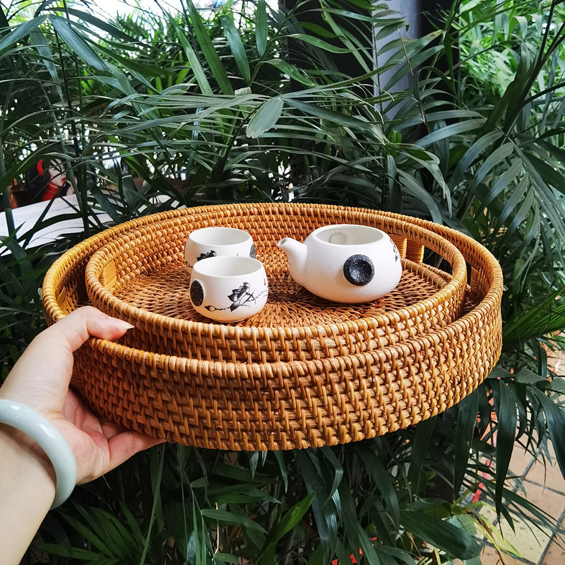 Fábrica al por mayor huafei fruta pan al vapor cesta de té caramelo merienda plato hecho a mano ratán bandeja de almacenamiento