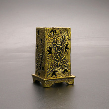 复古中式黄铜竹梅兰菊小香炉黄铜方形镂空带底座铜香炉熏香炉摆件