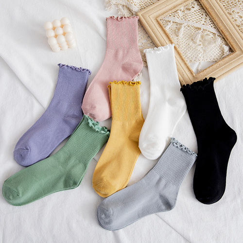 Autumn and winter fungus mid-calf socks for women Japanese new style candy-colored lace women's socks solid color elastic anti-friction cotton socks