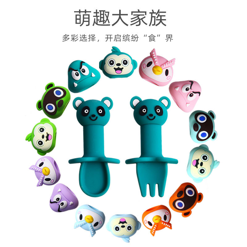 Baby silicone spoon children cartoon soft spoon food supplement training short fork spoon baby food supplement tableware factory direct sales