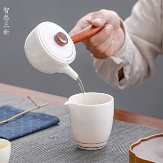 德化白瓷金边茶壶玉瓷壶羊脂玉单壶实木柄侧把壶礼品陶瓷茶具批发