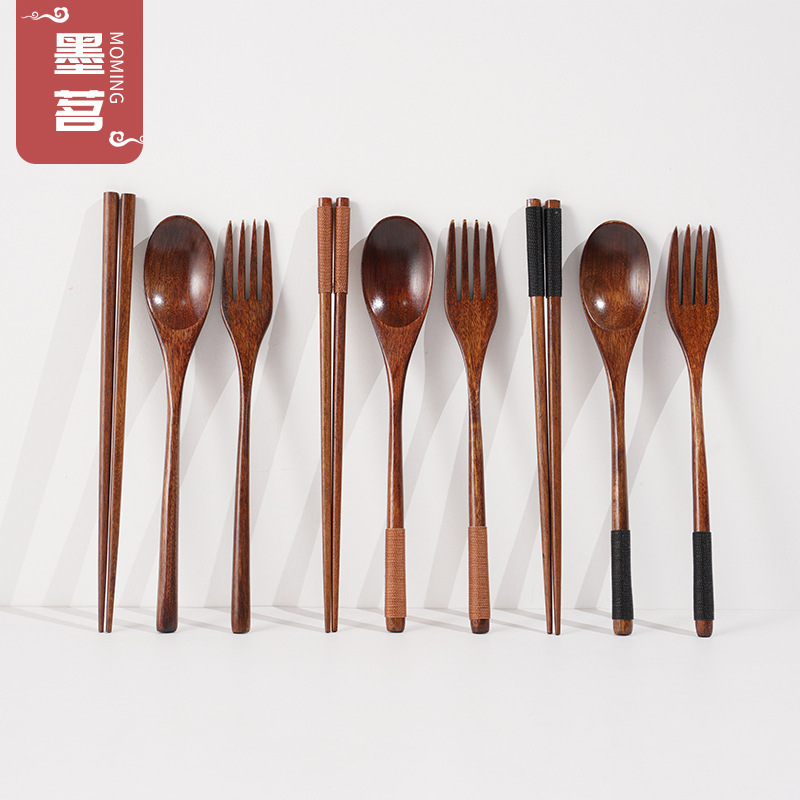 Wooden Spoon, Fork and Chopsticks Set Wholesale Nanmu Old Lacquer Spoon, Chopsticks and Fork Three-Piece Set Factory Wholesale Laser Engraving