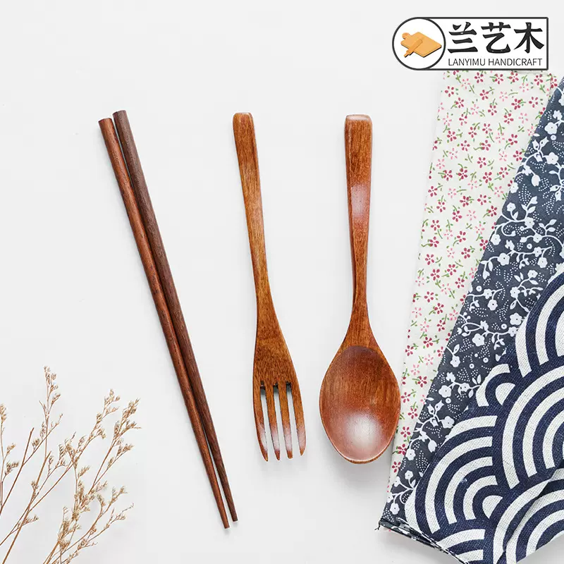 日式木质楠木便携木筷木勺木叉套装木质礼品餐具三件套批发