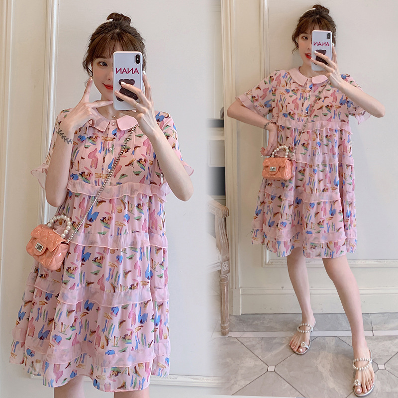 Real Price Maternity Wear 2025 Summer New Chiffon Floral Fresh Dress Maternity Mid-Length Dress